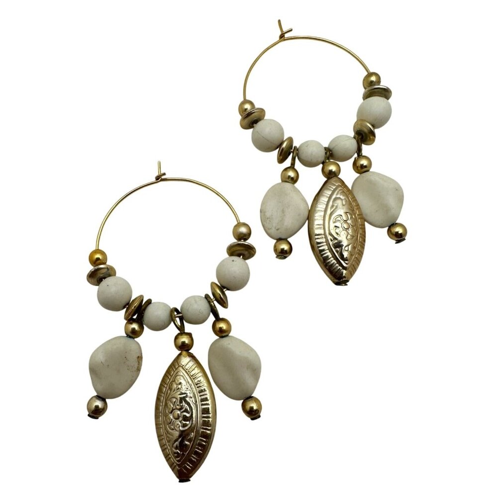 Whimsical Boho Beaded Hoop Earrings White Gold Dangle Drop Lightweight Resort